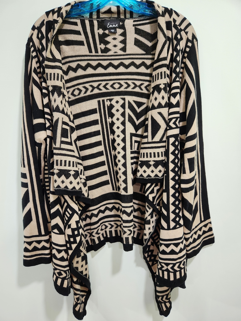Simply Emma Beige and Black Tribal Open-Front Cape Cardigan